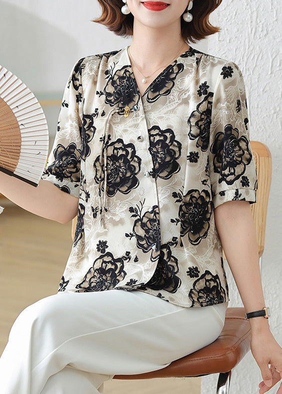 Print Shirts Tasseled Black Summer Elegant Silk