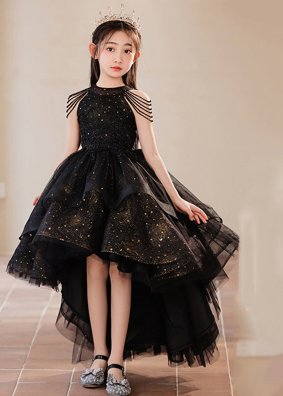 Robe longue élégante noire à col roulé et pois pour fille, en tulle, design bas et haut, été YE006