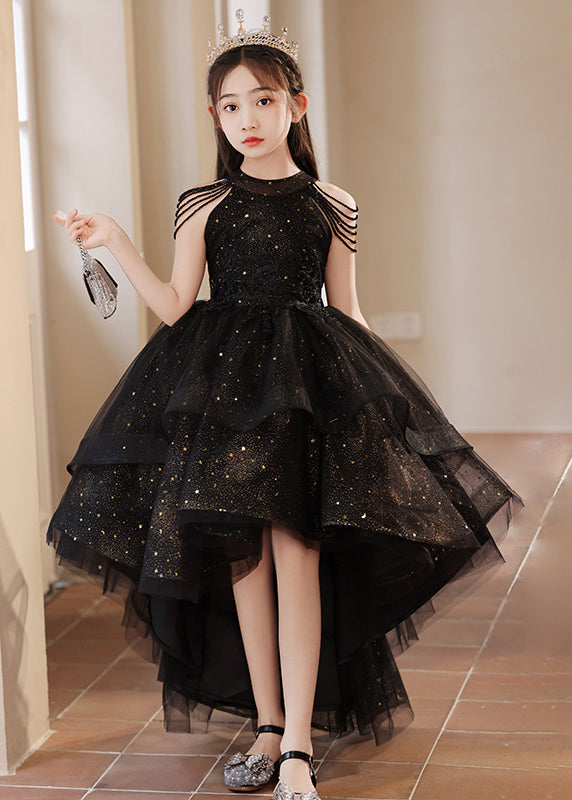 Robe longue élégante noire à col roulé et pois pour fille, en tulle, design bas et haut, été YE006