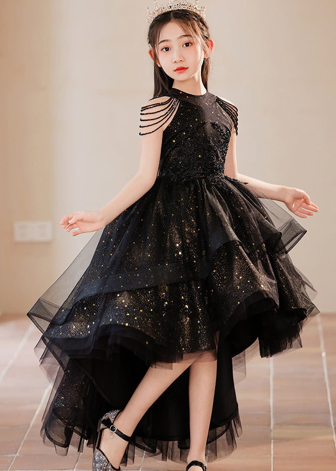 Robe longue élégante noire à col roulé et pois pour fille, en tulle, design bas et haut, été YE006