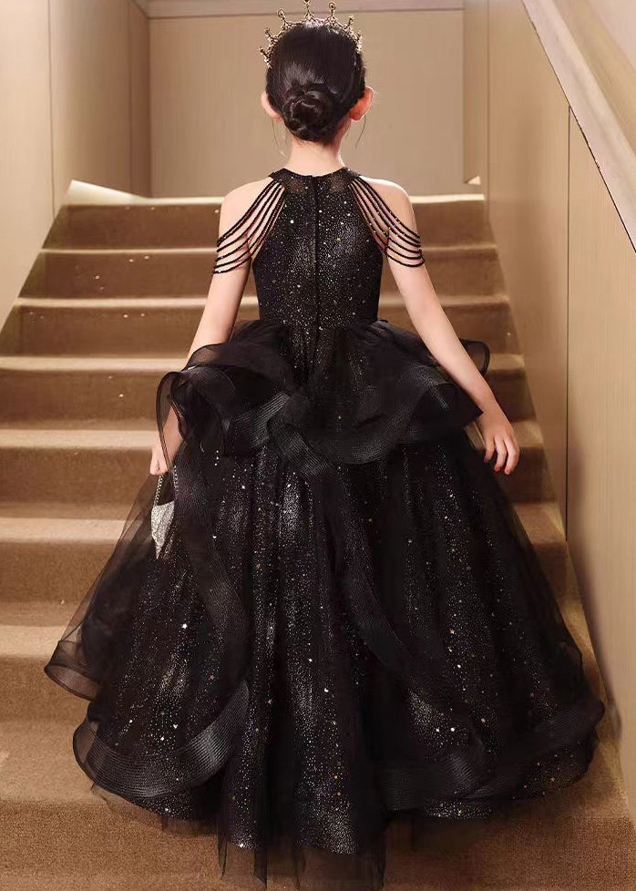 Robe longue élégante noire à col roulé et pois pour fille, en tulle, design bas et haut, été YE006
