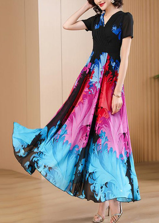 Elegant Black V Neck Print High Waist Chiffon Maxi Dresses Summer Ada Fashion