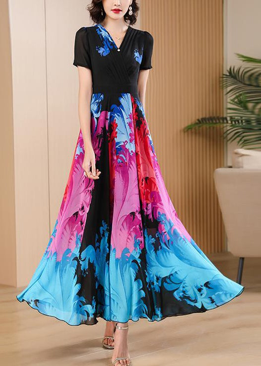 Elegant Black V Neck Print High Waist Chiffon Maxi Dresses Summer Ada Fashion