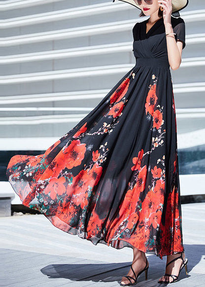 Elegant Black V Neck Print Wrinkled Chiffon Long Dresses Summer AS1002 Ada Fashion