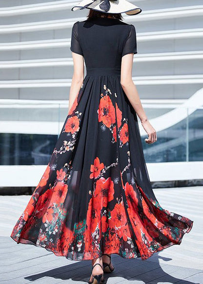 Elegant Black V Neck Print Wrinkled Chiffon Long Dresses Summer AS1002 Ada Fashion