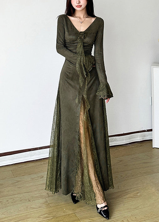 Robe longue élégante en dentelle patchwork vert noir à manches évasées YP047