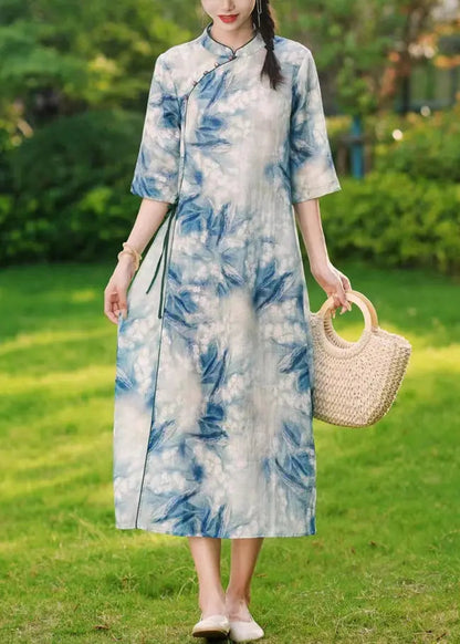 Elegant Blue Button Print Lace Up Linen Long Dresses Summer Ada Fashion