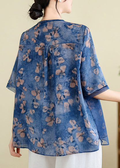 Elegant Blue Embroidered Floral T Shirts Summer AP023