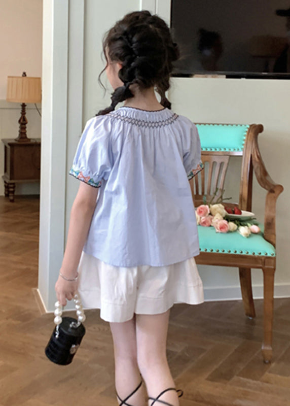 Elegantes blaues O-Ausschnitt-Top und Shorts für Mädchen, zweiteiliges Set, kurze Ärmel, SS1032