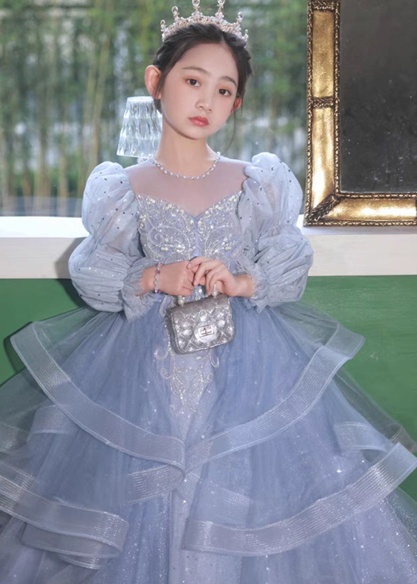 Elegant Blue O-Neck Embroideried Patchwork Tulle Kids Long Dress Fall RP045