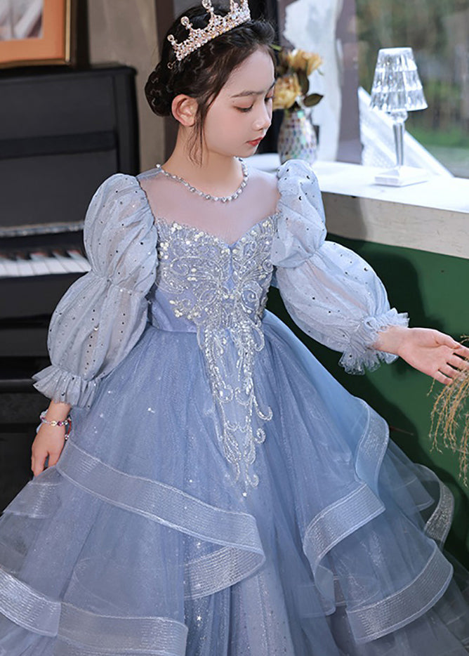 Elegant Blue O-Neck Embroideried Patchwork Tulle Kids Long Dress Fall RP045