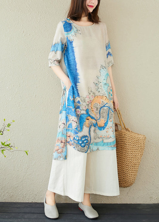 Robes élégantes en lin surdimensionnées et imprimées bleues pour l'été