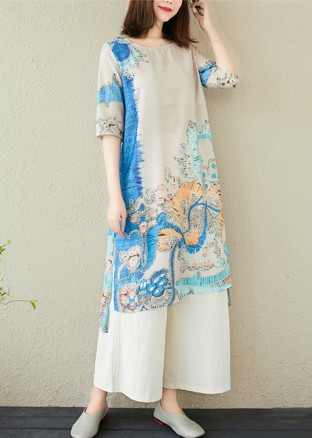Linen Oversized Elegant Print Dresses Blue Summer
