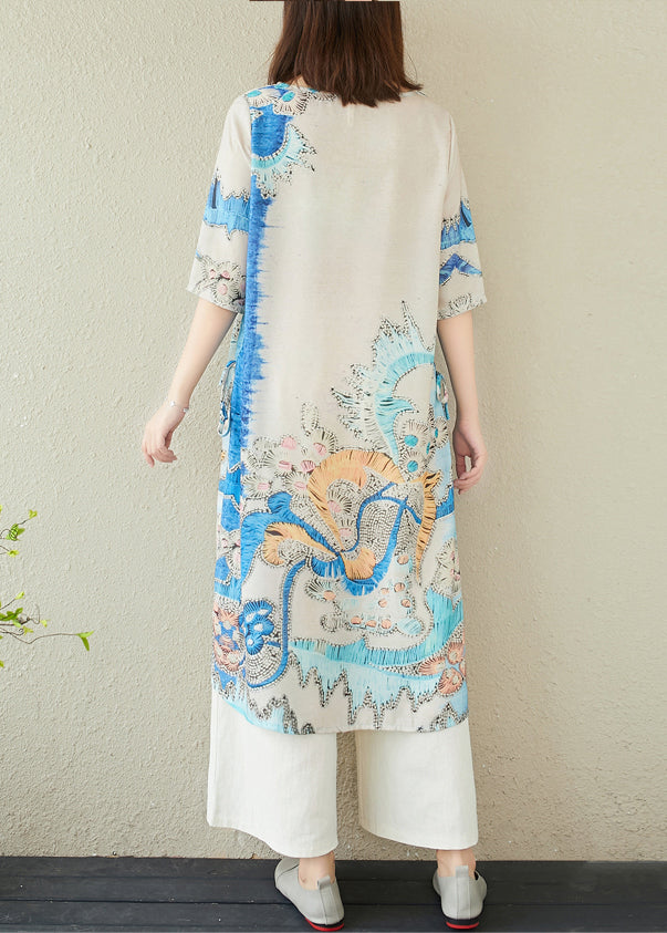 Summer Oversized Print Elegant Dresses Blue Linen