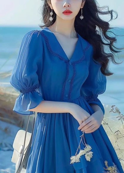 Elegant Blue Peter Pan Collar Button Chiffon Dress Flare Sleeve ZL022