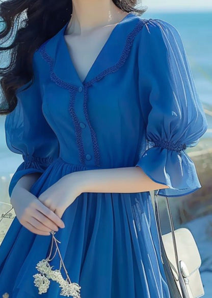 Elegant Blue Peter Pan Collar Button Chiffon Dress Flare Sleeve ZL022