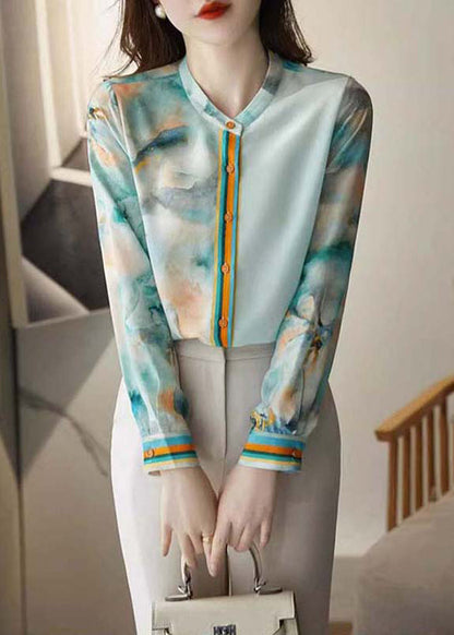 Elegant Blue Print Button Silk Blouses Spring Ada Fashion