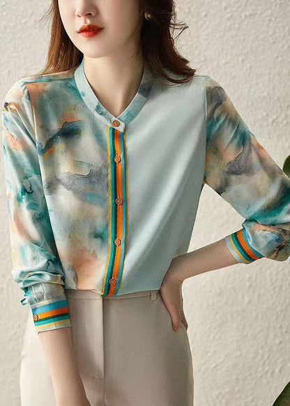 Elegant Blue Print Button Silk Blouses Spring Ada Fashion