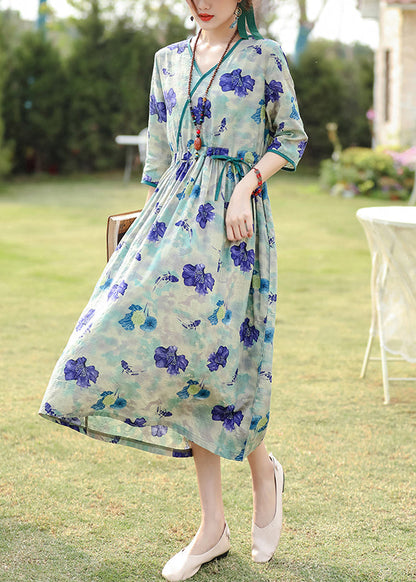 Elegant Blue Print Pockets Drawstring Cotton Dress Half Sleeve JH003