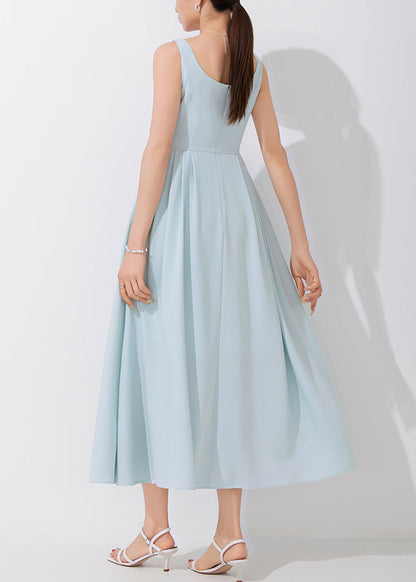 Elegant Blue Square Collar High Waist Spaghetti Strap Dress Sleeveless AM1018