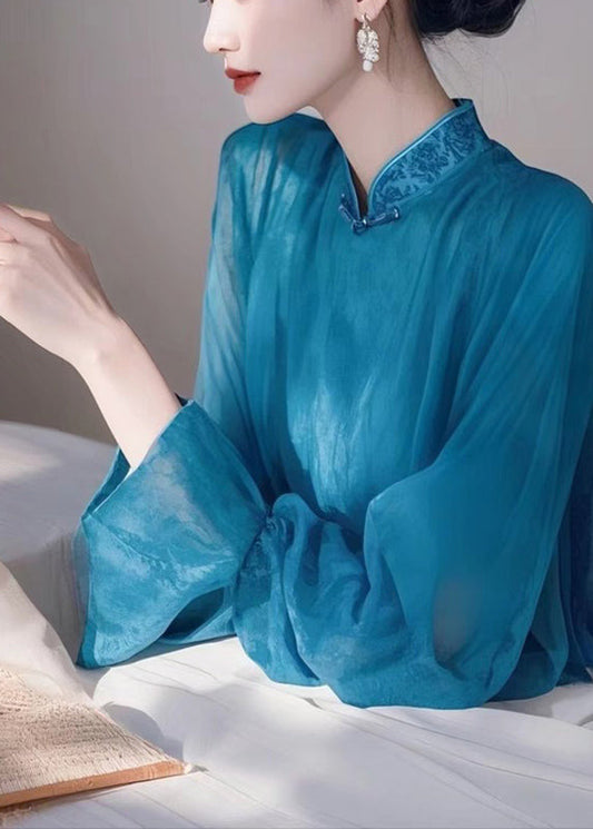 Stand Spring Elegant Collar Shirts Chiffon Blue