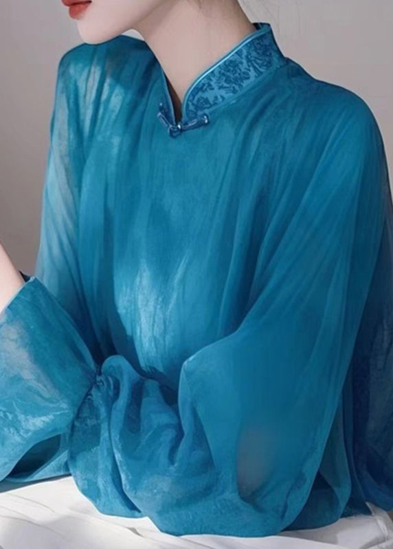 Stand Spring Elegant Collar Shirts Chiffon Blue