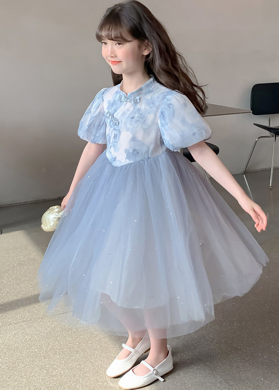 Robe élégante bleue à col montant et imprimé patchwork en tulle pour filles, été TT038