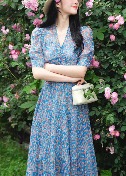 Elegant Blue V Neck Print Pockets Cotton Dress Summer KJ009