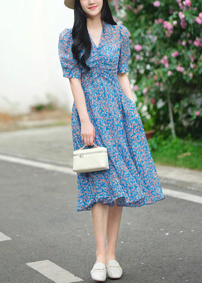 Elegant Blue V Neck Print Pockets Cotton Dress Summer KJ009