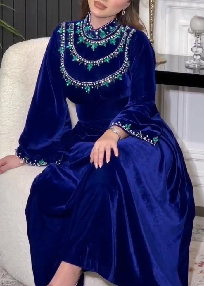 Robe longue élégante en velours de soie bleu avec fermeture éclair et zircon à manches longues AA1003