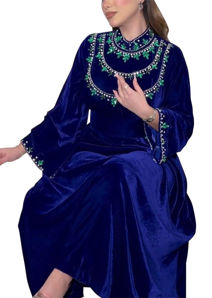 Robe longue élégante en velours de soie bleu avec fermeture éclair et zircon à manches longues AA1003