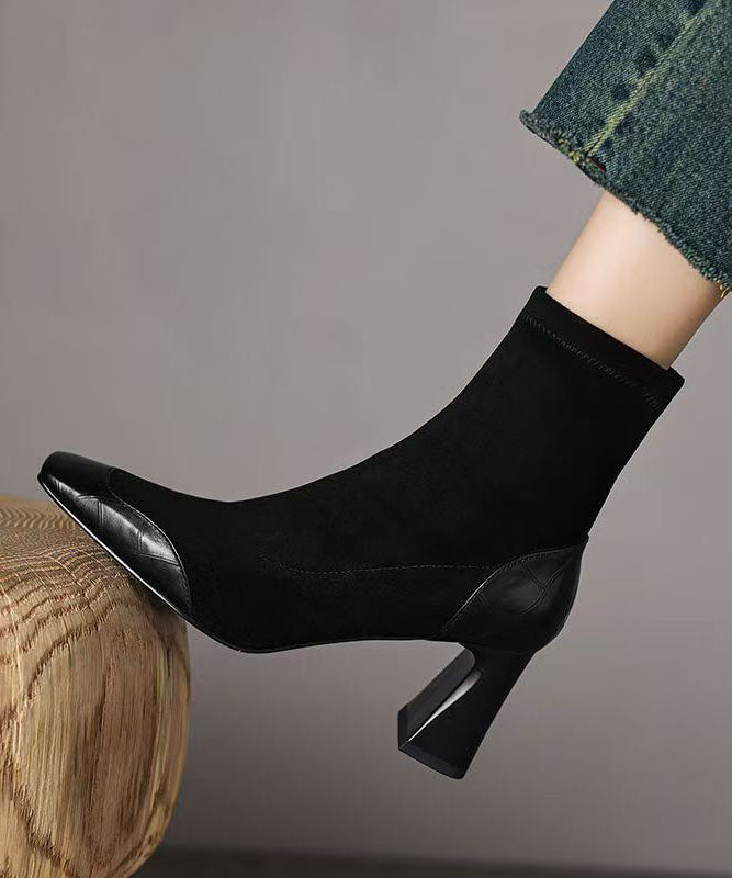 Elegant Heel Suede Chunky Brown Boots Splicing