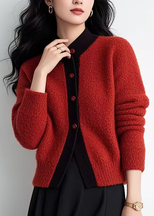 Cardigans élégants en tricot patchwork à boutons et col montant marron, printemps TO003