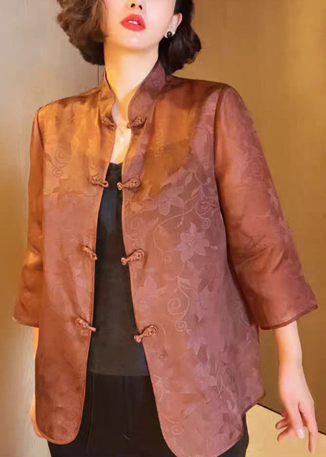 Elegant Brown Stand Collar Button Print Silk Blouses Summer Ada Fashion