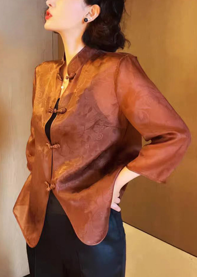 Elegant Brown Stand Collar Button Print Silk Blouses Summer Ada Fashion