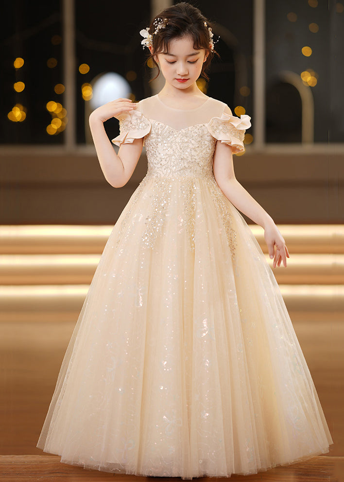 Robe de vacances élégante en tulle à paillettes et col rond pour filles, couleur champagne, été TT032