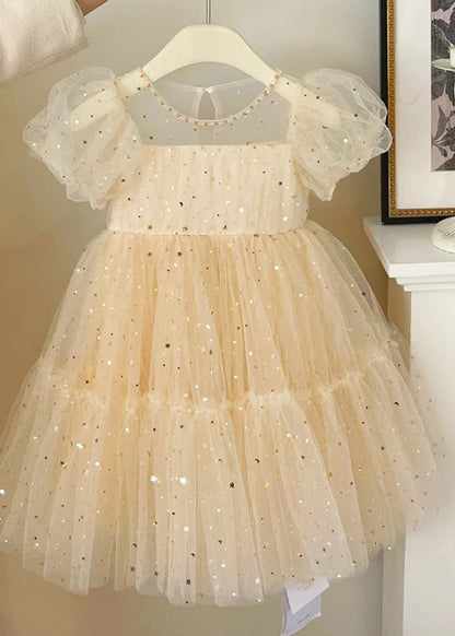 Elegant Champagne O-Neck Wrinkled Bow Tulle Kids Mid Dress Summer EW018