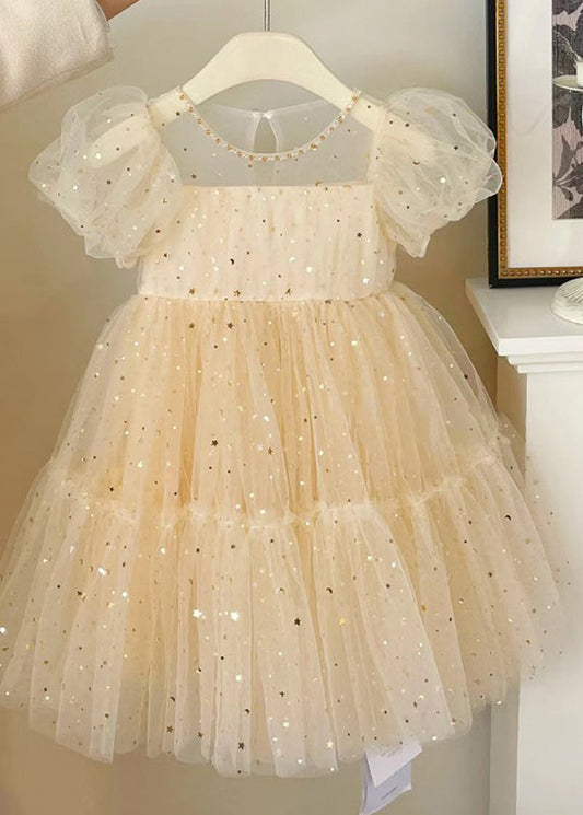 Robe mi-longue élégante en tulle à col rond et nœud froissé pour enfants, couleur champagne, été EW018