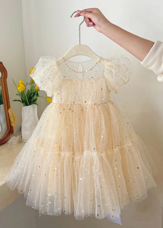 Robe mi-longue élégante en tulle à col rond et nœud froissé pour enfants, couleur champagne, été EW018