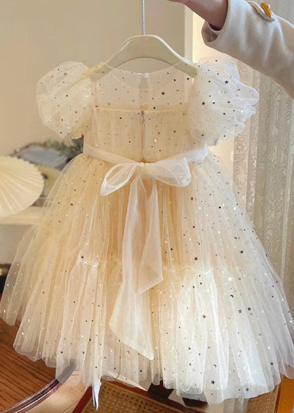 Elegant Champagne O-Neck Wrinkled Bow Tulle Kids Mid Dress Summer EW018