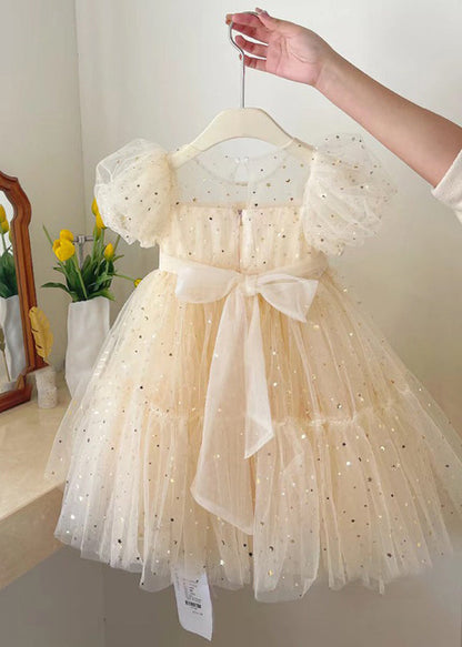 Elegant Champagne O-Neck Wrinkled Bow Tulle Kids Mid Dress Summer EW018