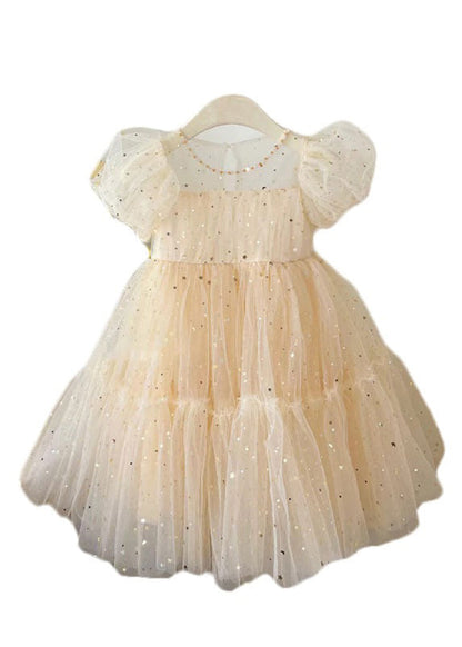 Elegant Champagne O-Neck Wrinkled Bow Tulle Kids Mid Dress Summer EW018