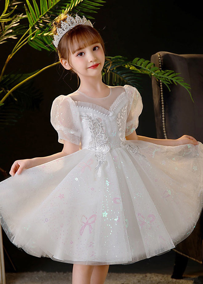 Elegant Champagne Sequins Patchwork Nail Bead Tulle Kids Mid Dress Summer XZ035