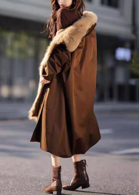 Elegant Chocolate Fur Collar Removable Warm Fleece Long Parkas Winter RC014