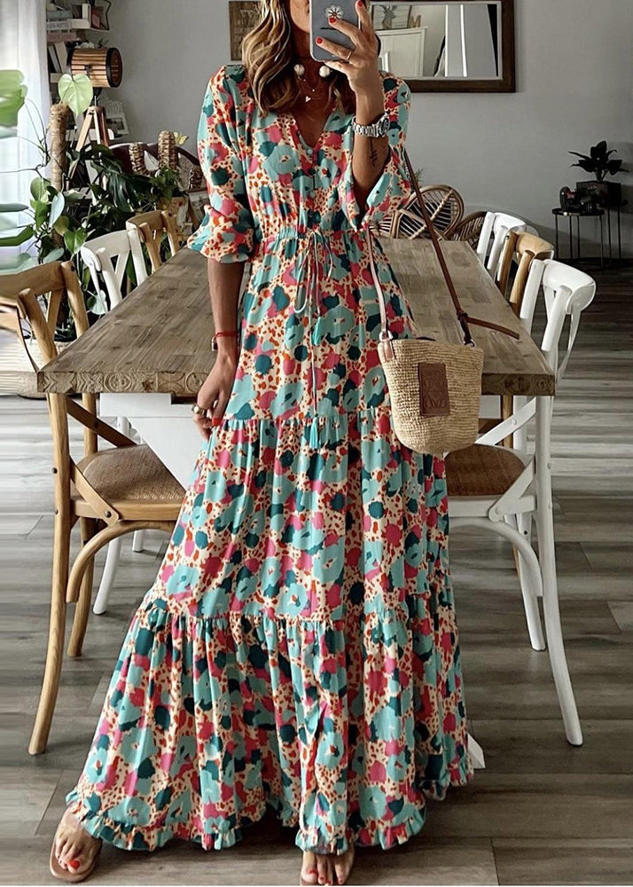 Robe élégante cintrée à imprimé extra large en coton, longueur cheville, été TL011