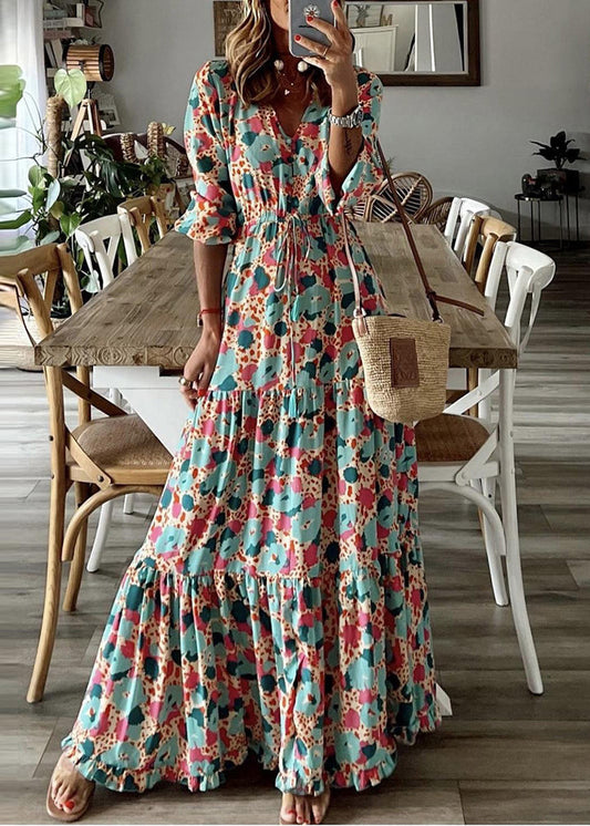 Robe élégante cintrée à imprimé extra large en coton, longueur cheville, été TL011