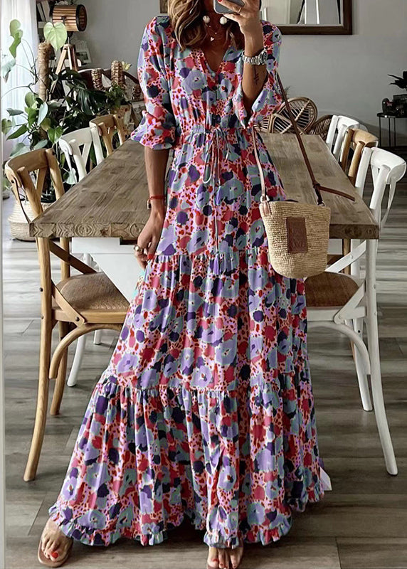 Robe élégante cintrée à imprimé extra large en coton, longueur cheville, été TL011