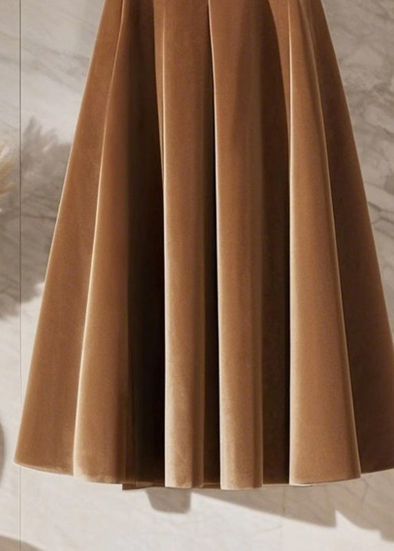 Jupe longue élégante en velours de soie et ceinture taille haute couleur café, printemps TA001