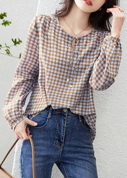 Elegant Coffee Print Lace Up Cotton Blouses Long Sleeve RE015