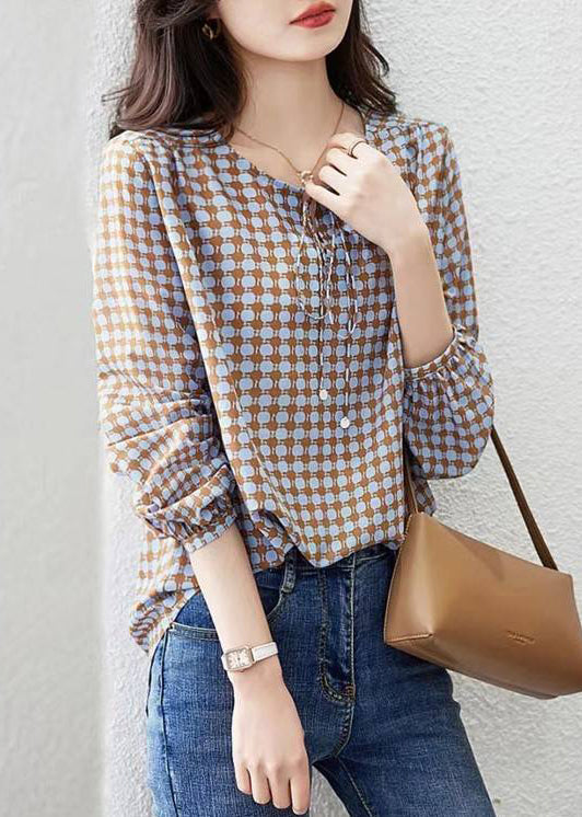 Elegant Coffee Print Lace Up Cotton Blouses Long Sleeve RE015